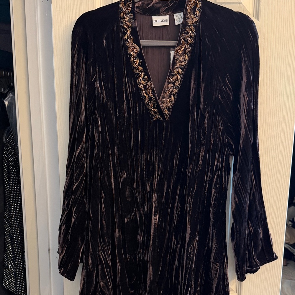Chico's Crushed Velvet V-Neck Tunic in Dark Brown with Gold Embroidered Trim